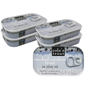 Cole's smoked trout fillets in olive oil can front show premium flavor and protein.