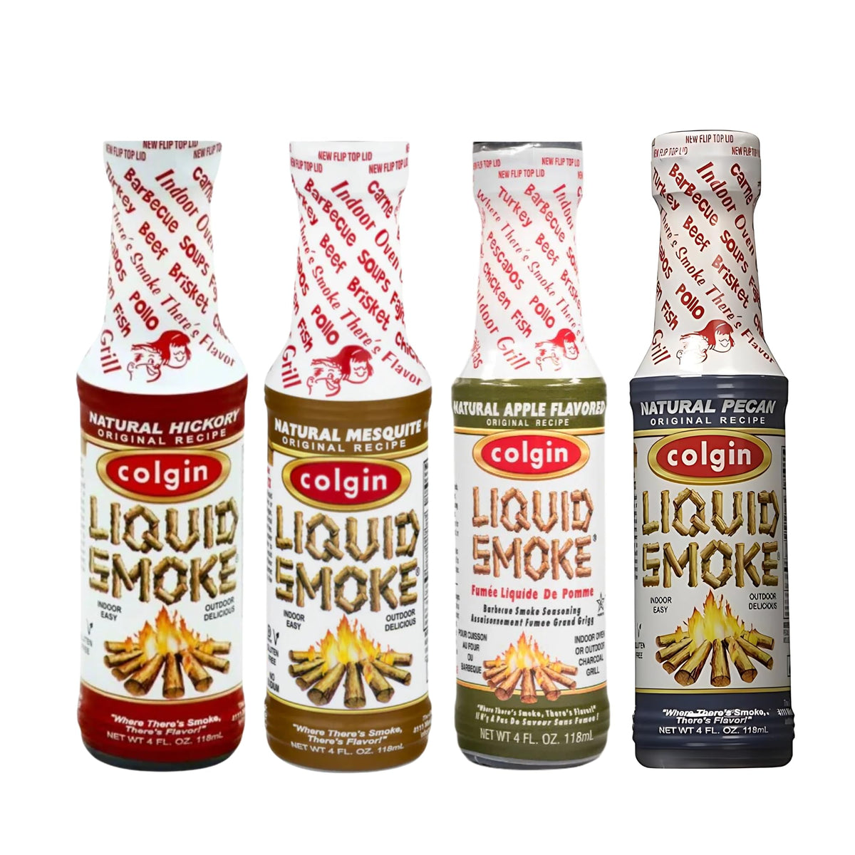 Colgin Liquid Smoke bundle bottles with Hickory, Mesquite, Applewood, and Pecan flavors.