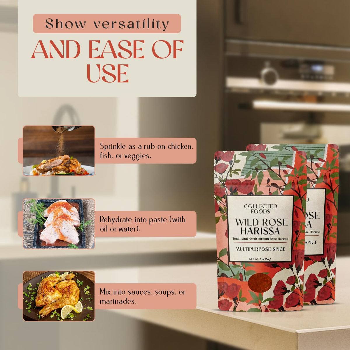 Collected Foods rose harissa on grilled meat for depth and warmth.