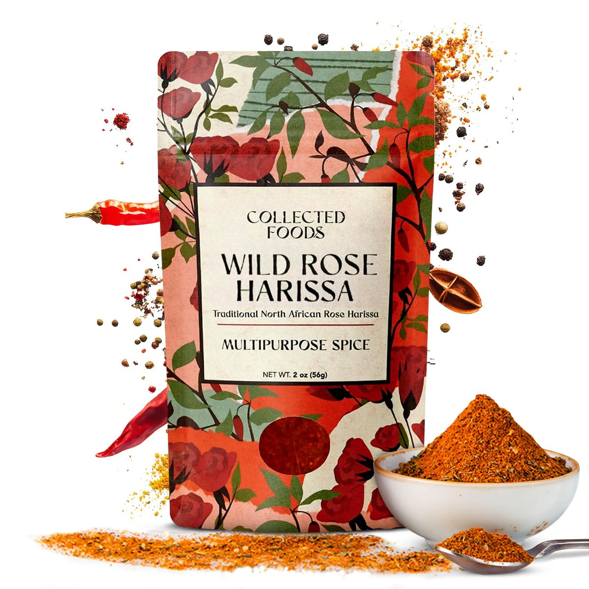 Collected Foods Rose Harissa bottle front for bold meals.