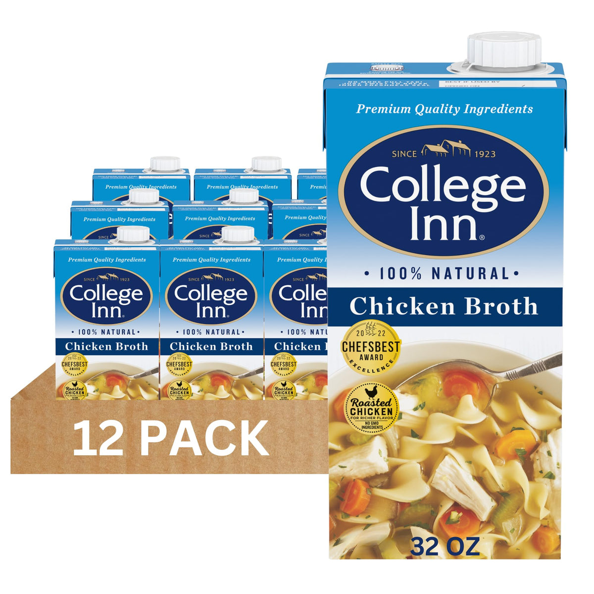 College Inn 100% Natural Chicken Broth carton showing premium ingredients for everyday cooking.