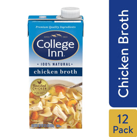 Pouring College Inn broth into a pot for rich-tasting soups and stews.
