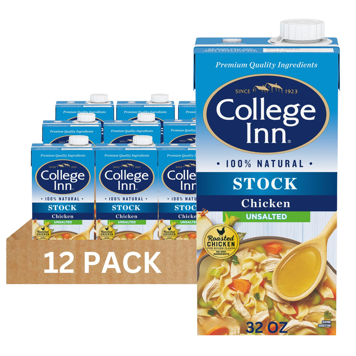 College Inn unsalted chicken stock bottle poured into a pot for rich flavor.