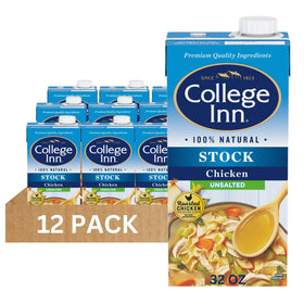 College Inn unsalted chicken stock bottle poured into a pot for rich flavor.