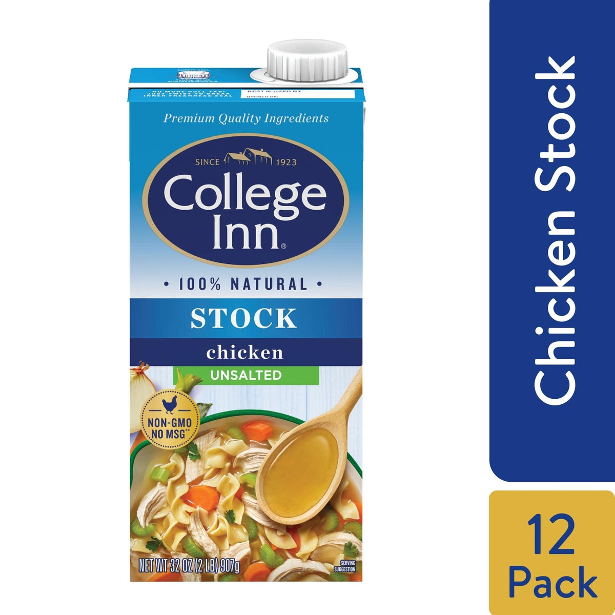 Cartons of College Inn Unsalted Chicken Stock stacked for pantry storage.