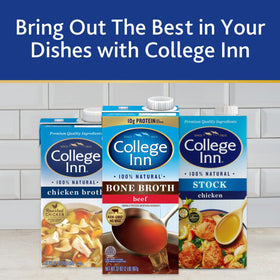 Family dinner scene featuring College Inn Unsalted Chicken Stock in a recipe.