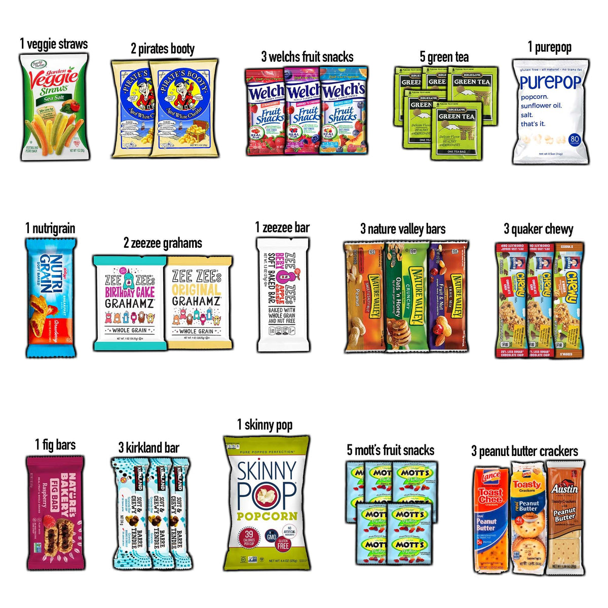 COLLEGEBOX variety pack with nuts, bars, and popcorn for on-the-go snacking.