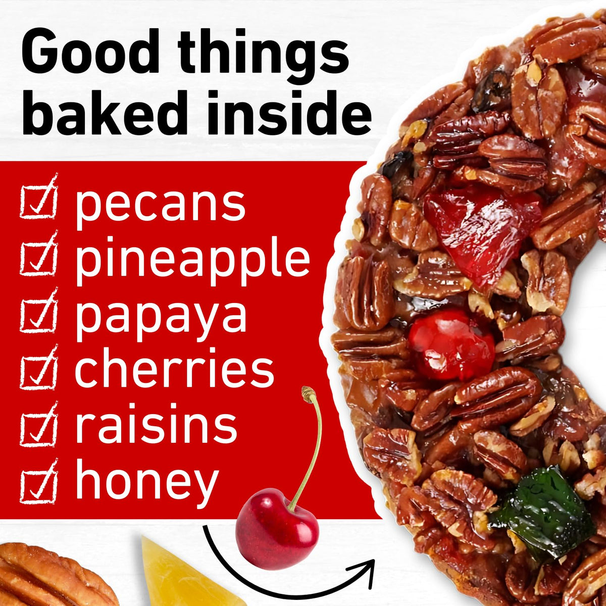 Collin Street Bakery DeLuxe fruitcake showcases ripe cherries and golden raisins.