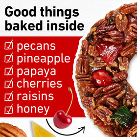 Collin Street Bakery DeLuxe fruitcake showcases ripe cherries and golden raisins.