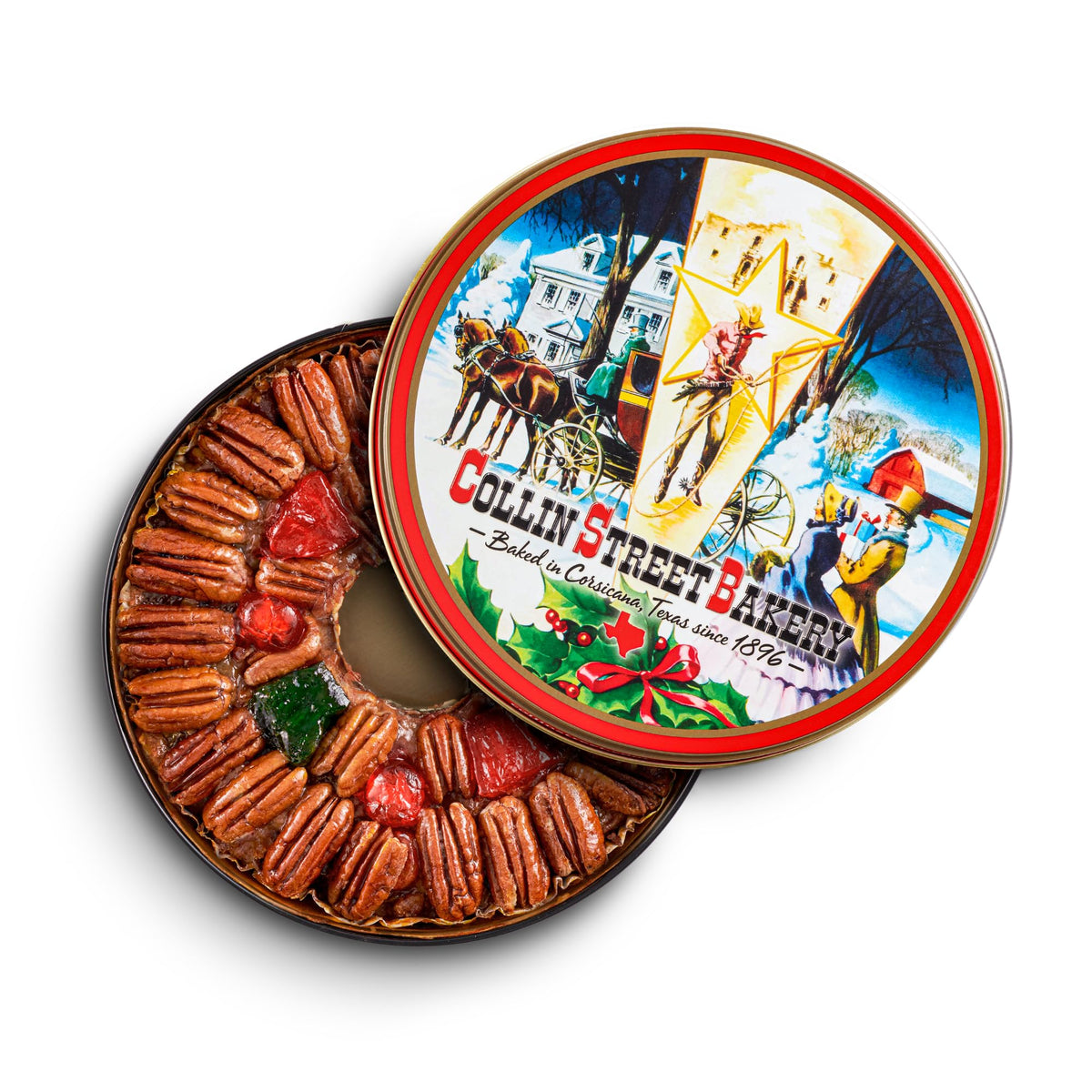 Collin Street Bakery DeLuxe fruitcake with pecans and pineapple, ideal festive centerpiece.