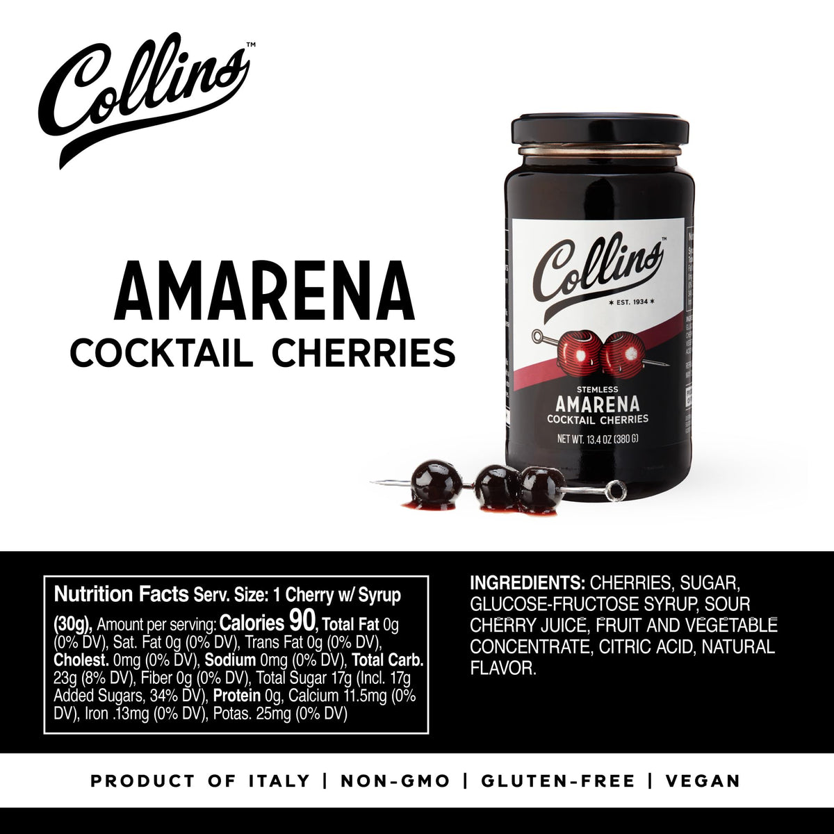 Collins Amarena cherries used as a dessert topping on a plate