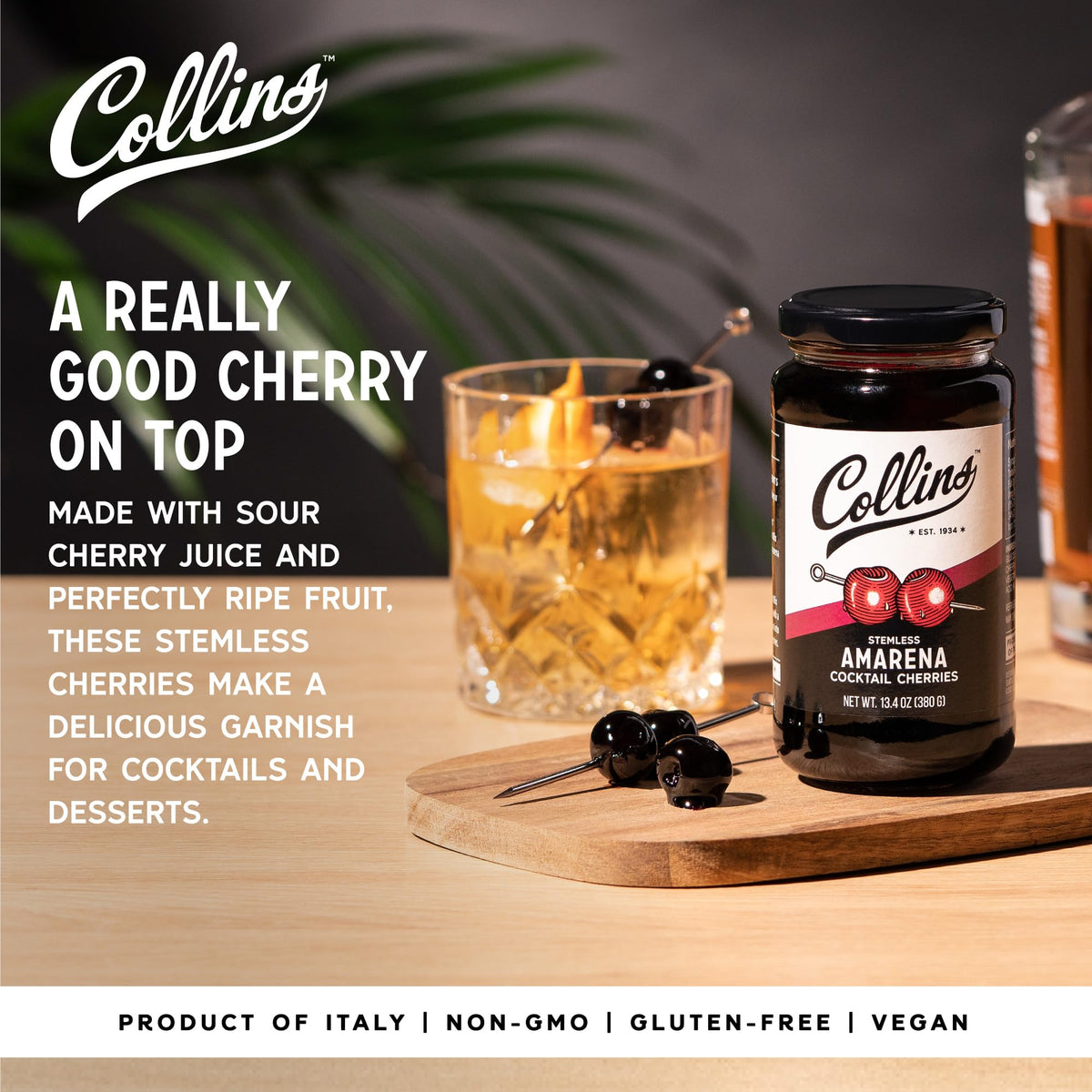 Collins Amarena stemless cherries in a glass for a refined old fashioned
