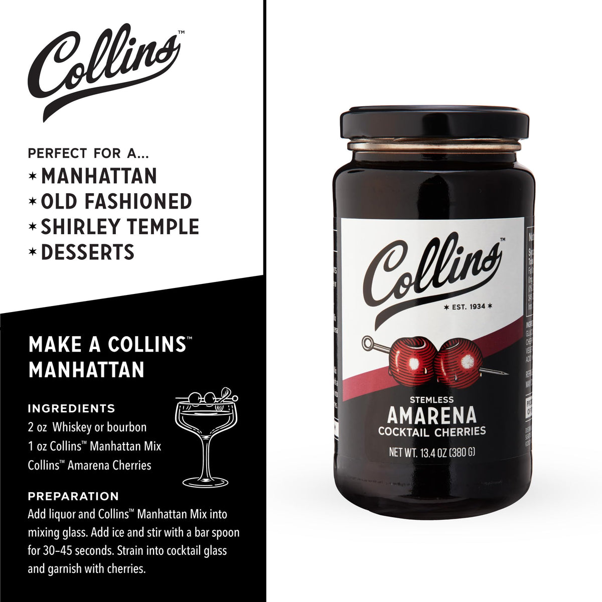 Collins Amarena cherries in syrup pour highlighting rich flavor and aroma