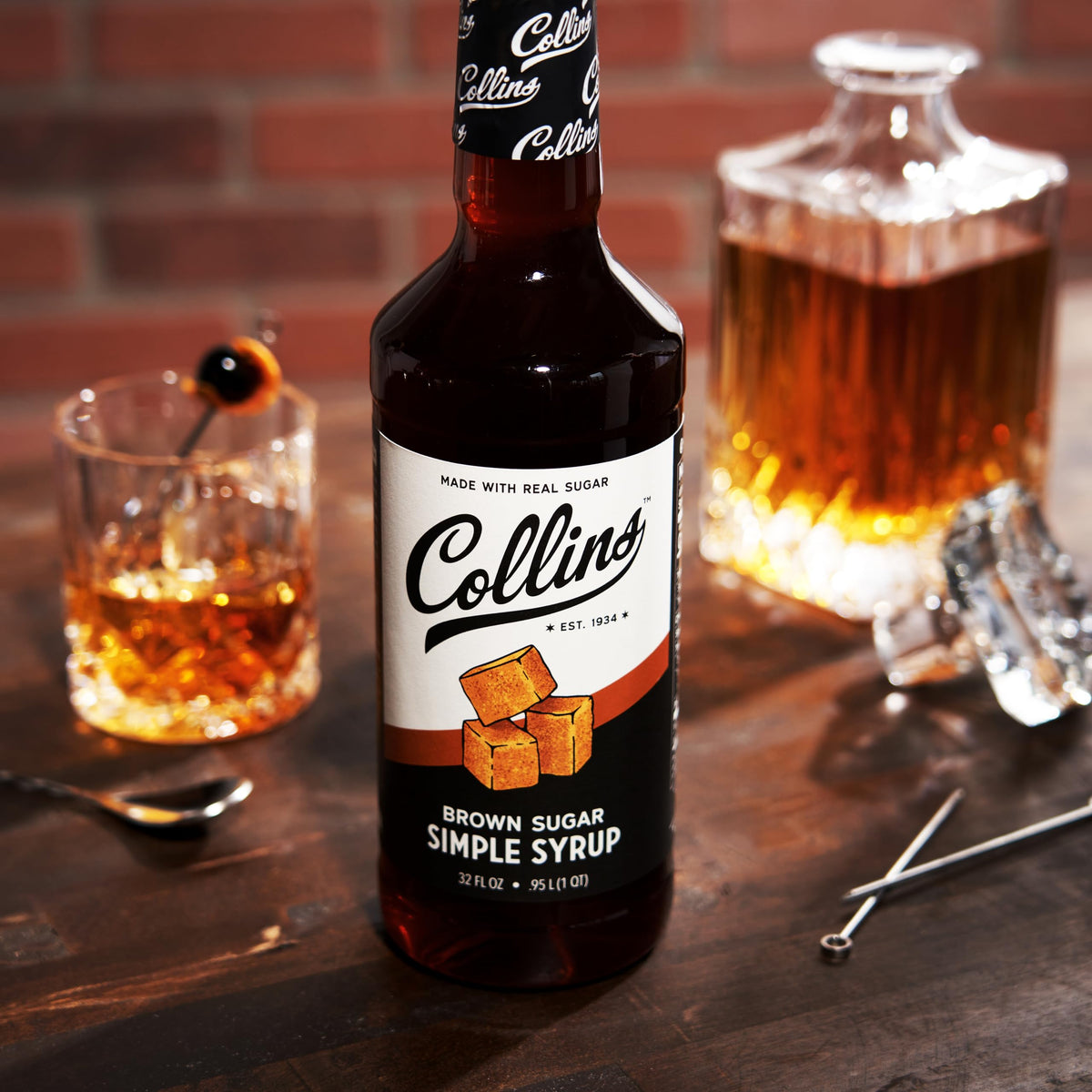 Collins Brown Sugar Syrup in kitchen, versatile for batch cocktails