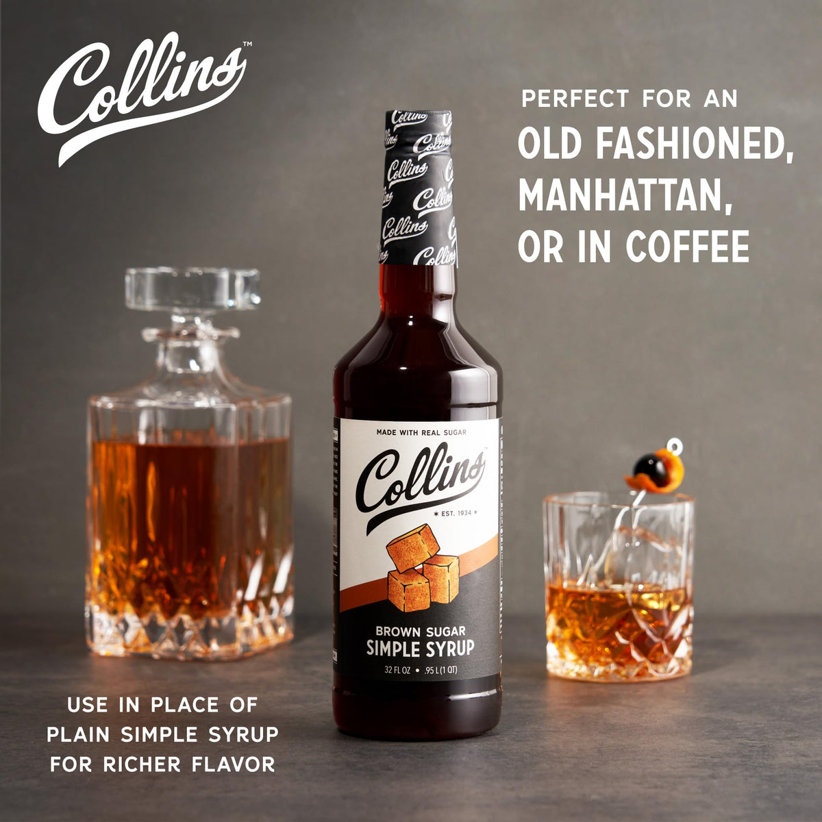 Collins Brown Sugar Syrup being poured into a cocktail glass for depth