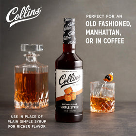 Collins Brown Sugar Syrup being poured into a cocktail glass for depth