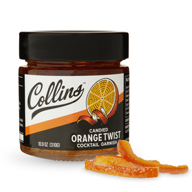 Collins Candied Orange Peel Twist in Syrup ready to brighten cocktails with citrus sweetness.