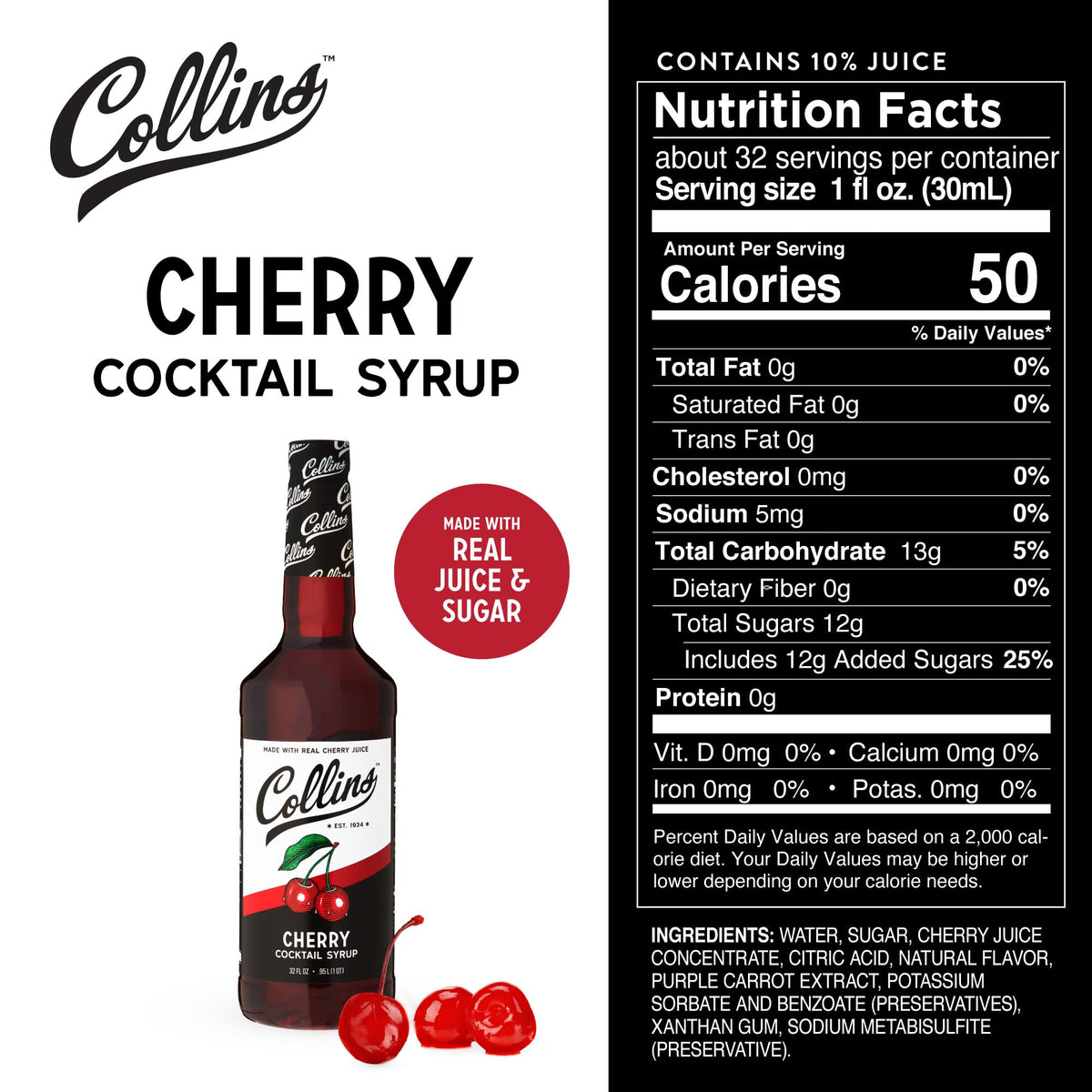 Collins Chicago Cherry Syrup contains real sugar and cherry juice for natural taste.