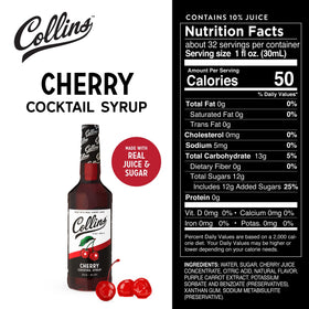Collins Chicago Cherry Syrup contains real sugar and cherry juice for natural taste.