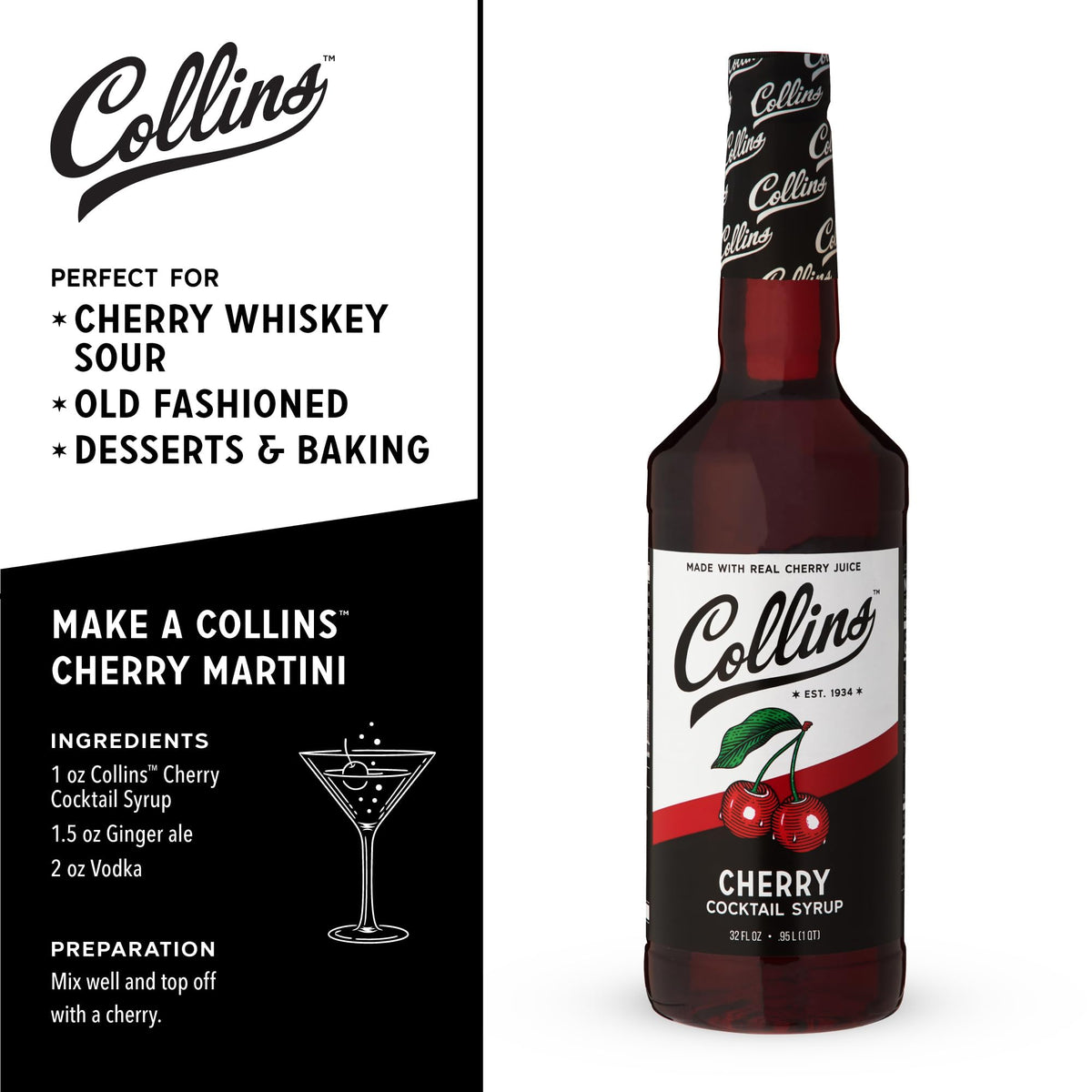 Collins Cherry Syrup ideal for Italian sodas and party drinks with balanced cherry flavor.