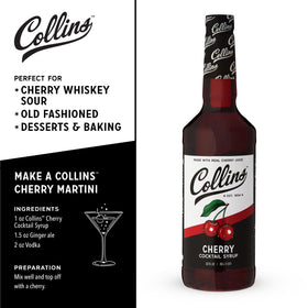 Collins Cherry Syrup ideal for Italian sodas and party drinks with balanced cherry flavor.
