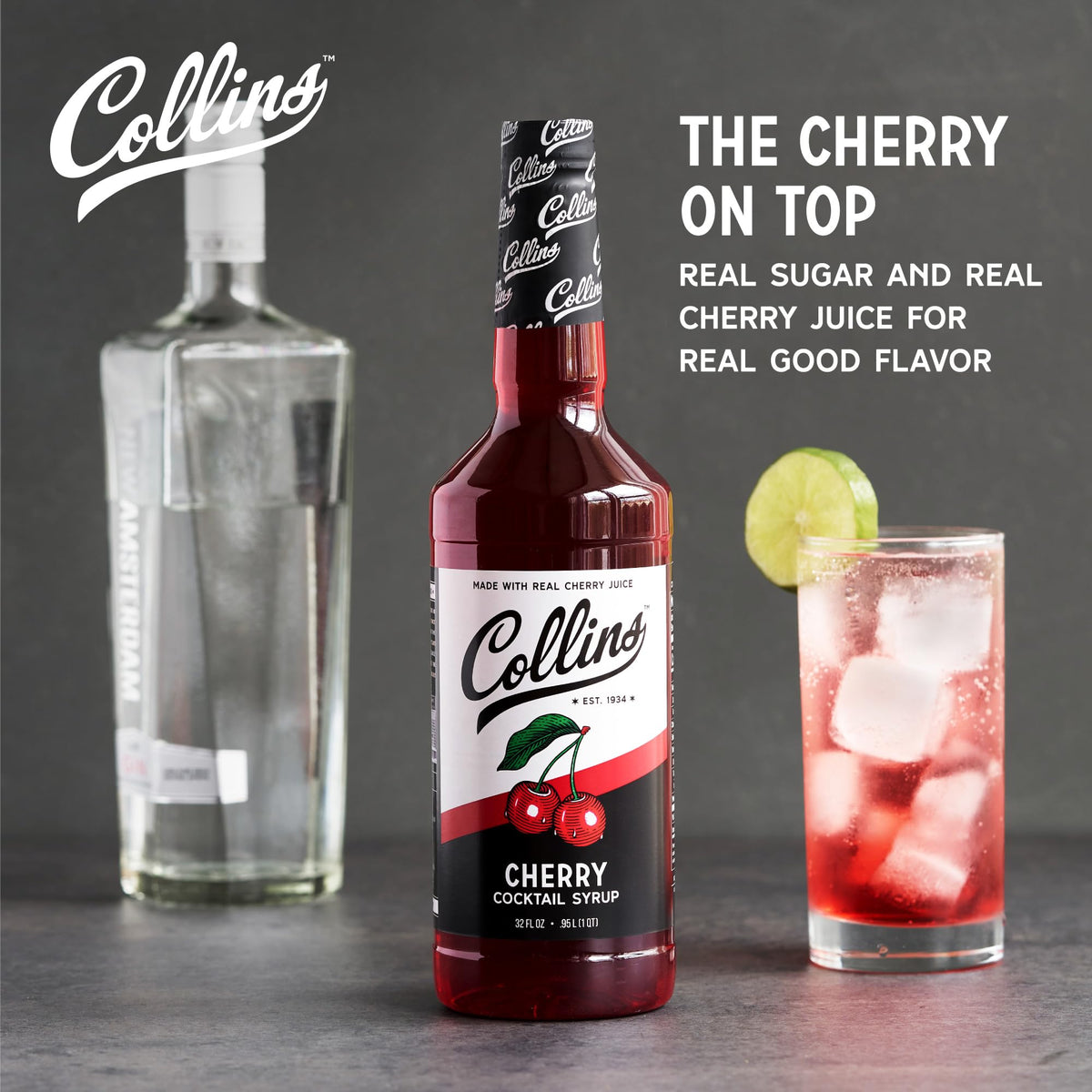 Collins Chicago Cherry Syrup pour elevates a Manhattan or Old Fashioned with real cherry flavor.