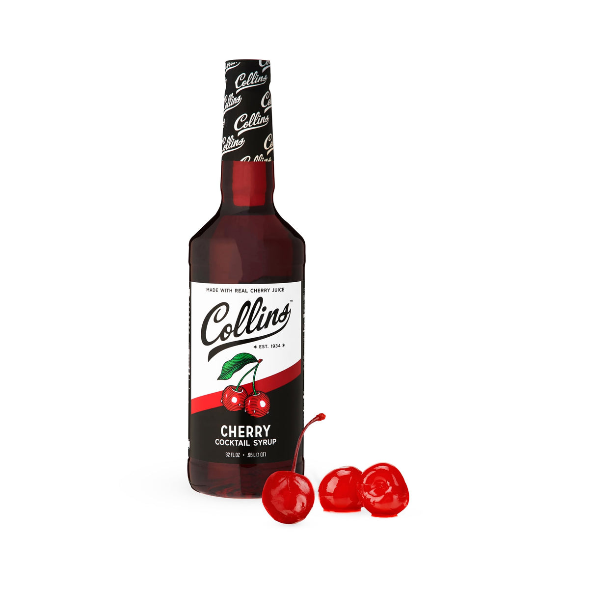 Collins Chicago Cherry Syrup bottle pour for cocktails and sodas with real cherry juice.