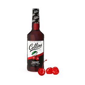 Collins Chicago Cherry Syrup bottle pour for cocktails and sodas with real cherry juice.
