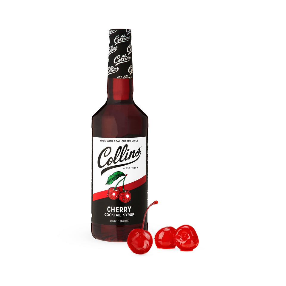 Collins Chicago Cherry Syrup bottle pour for cocktails and sodas with real cherry juice.
