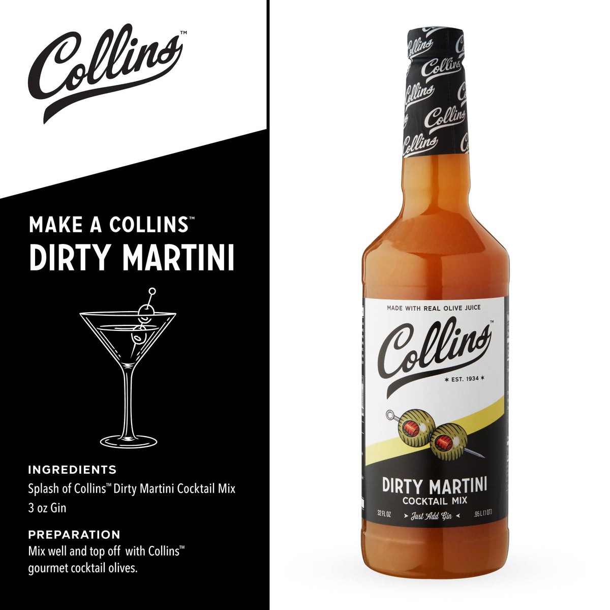 Collins Chicago 32oz bottle on bar cart ready for batch cocktails and entertaining