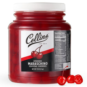 Collins Chicago 72oz jar of stemmed maraschino cherries for easy bar garnishing.