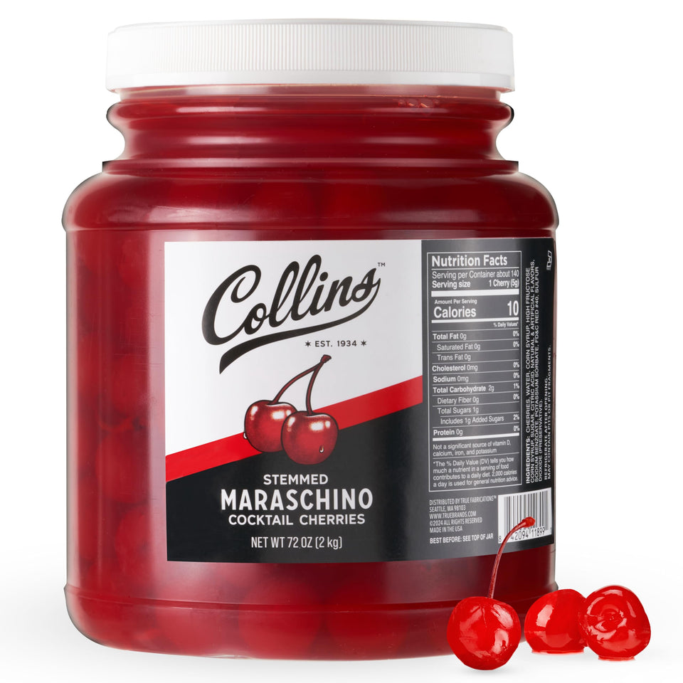 Collins Chicago 72oz jar of stemmed maraschino cherries for easy bar garnishing.