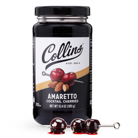 Collins Chicago amaretto cherries jar with glossy berries for cocktail garnish.