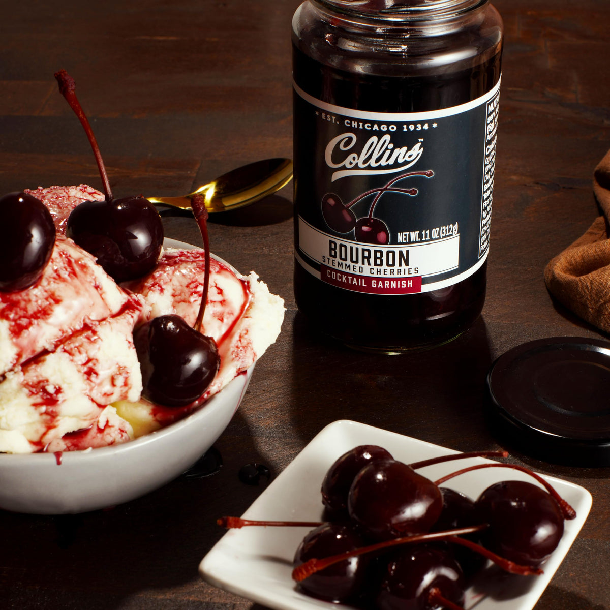 Collins Chicago Bourbon Cherries dessert serve, elevate milkshakes and ice cream