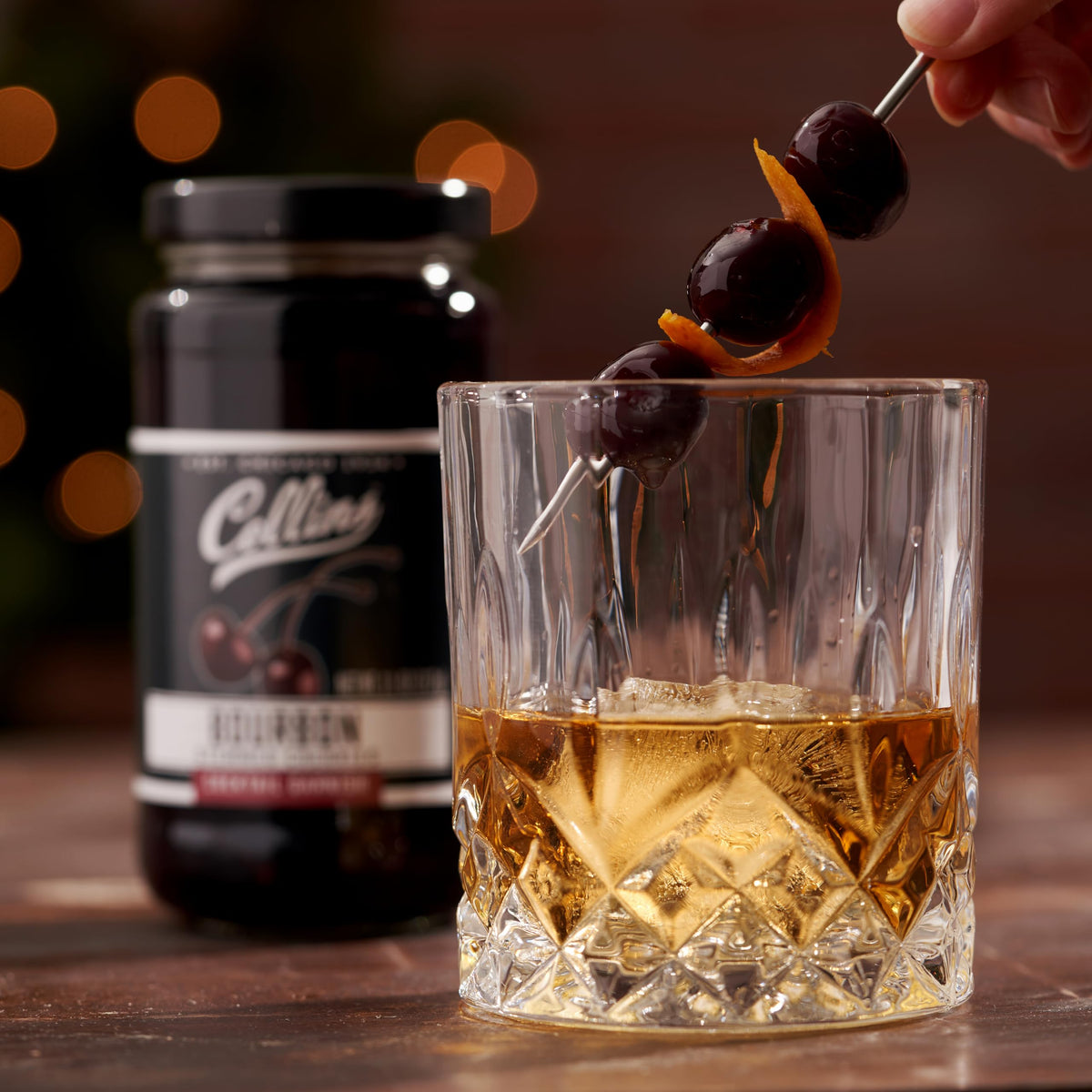 Collins Chicago Bourbon Cherries ingredients jar, includes real juice and sugar
