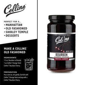Collins Chicago Bourbon Cherries inside jar, rich, ready-to-use garnish for drinks