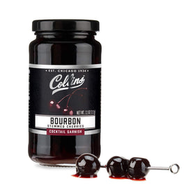 Collins Chicago Bourbon Cherries jar view for premium cocktail garnish and dessert pairing