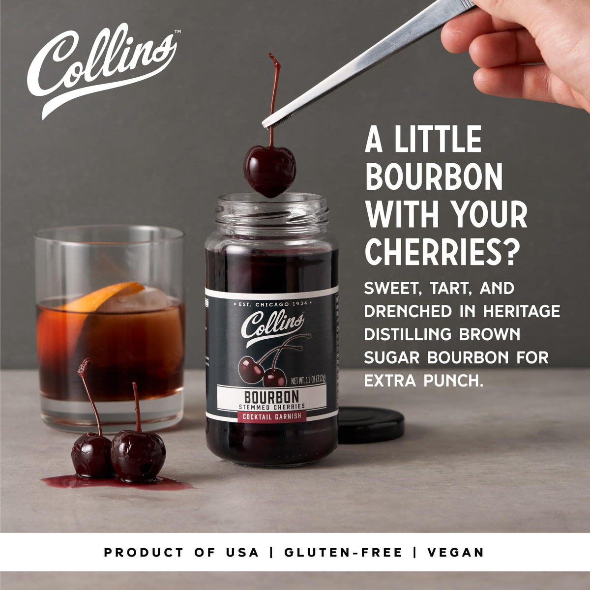 Collins Chicago Bourbon Cherries label closeup shows quality and craftsmanship