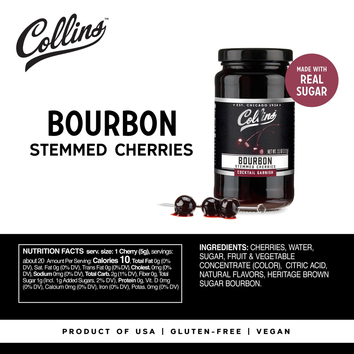 Collins Chicago Bourbon Cherries pour, instant garnish for bold cocktails