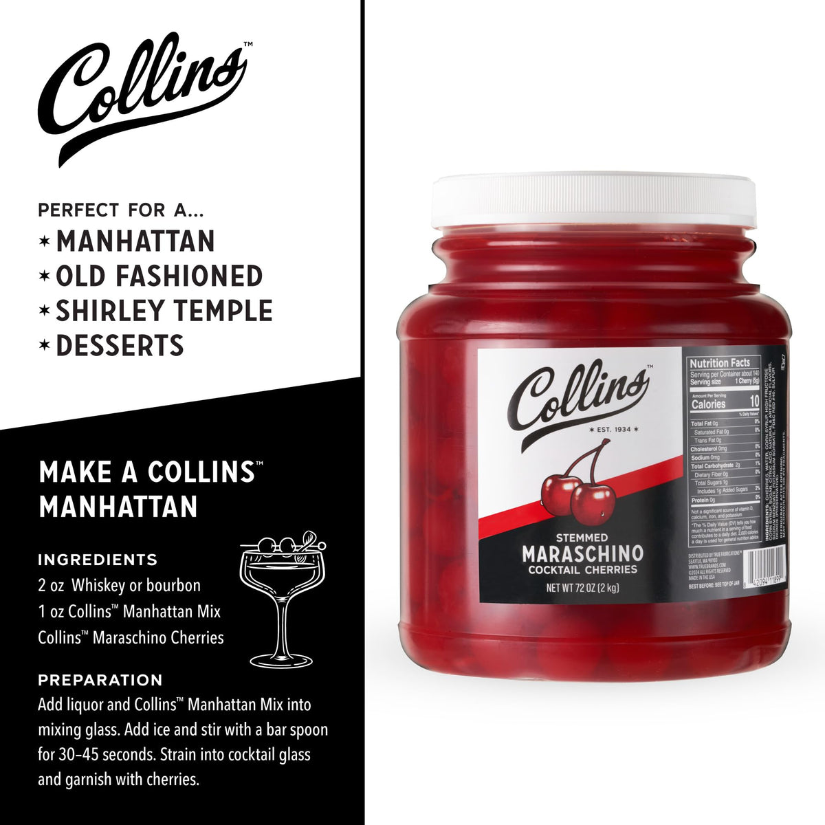 Bright red Collins Chicago maraschino cherries enhance desserts.