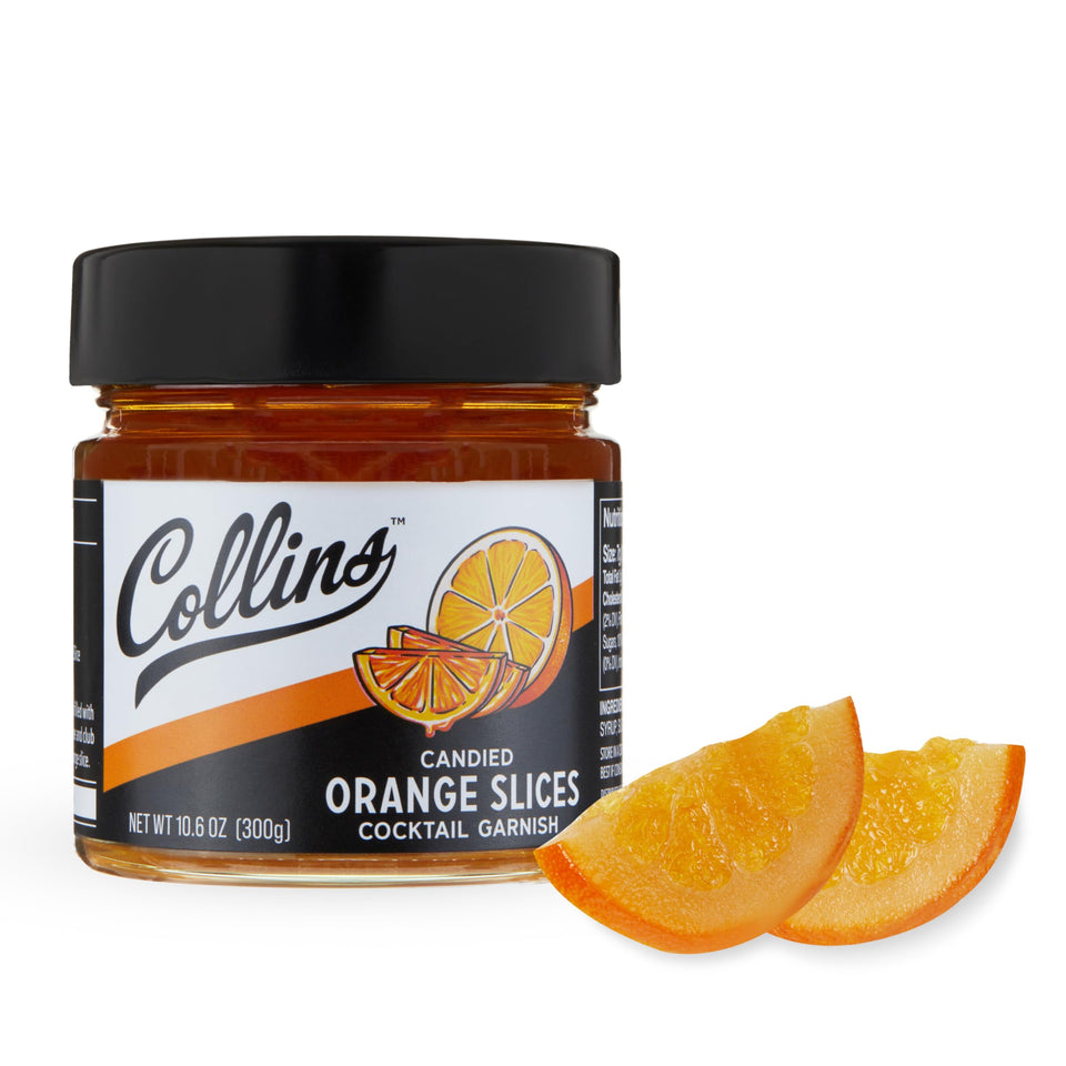 Collins Chicago candied orange slices jar closeup for premium cocktail garnishes