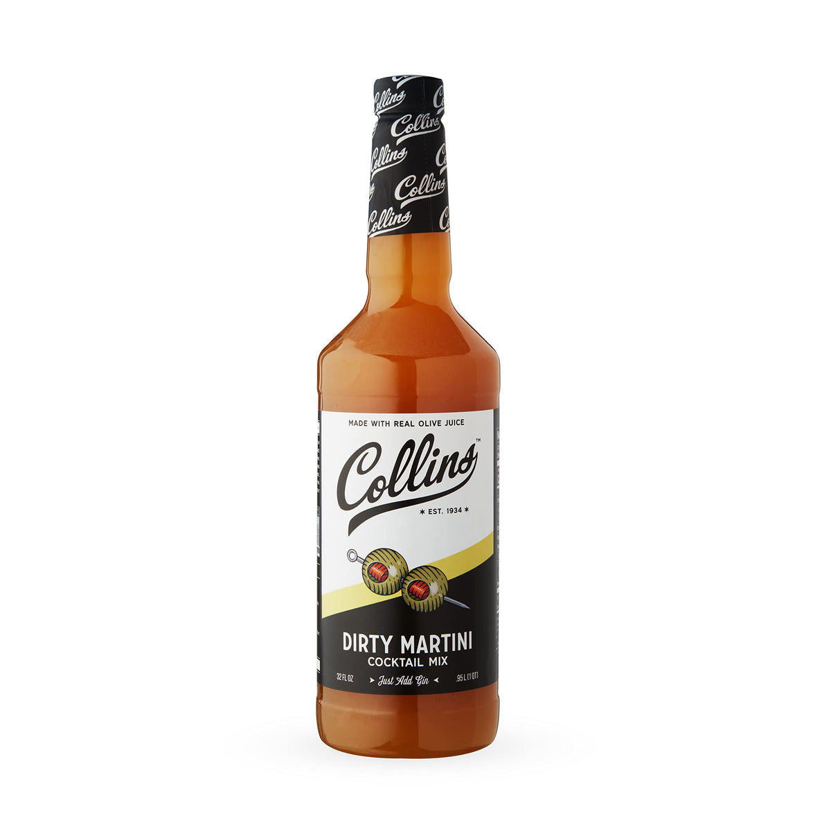 Collins Chicago Dirty Martini Mix bottle being poured for a bold olive brine cocktail at home