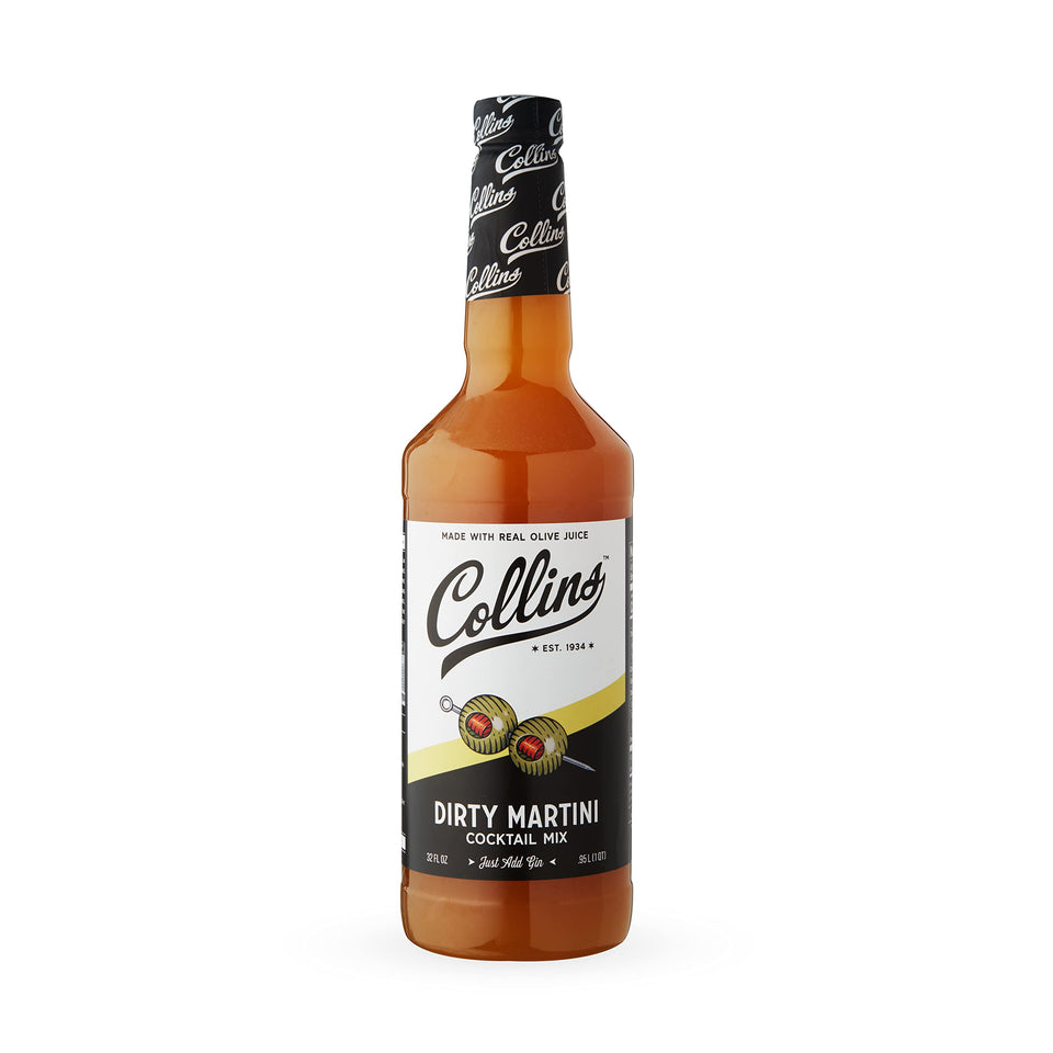 Collins Chicago Dirty Martini Mix bottle being poured for a bold olive brine cocktail at home