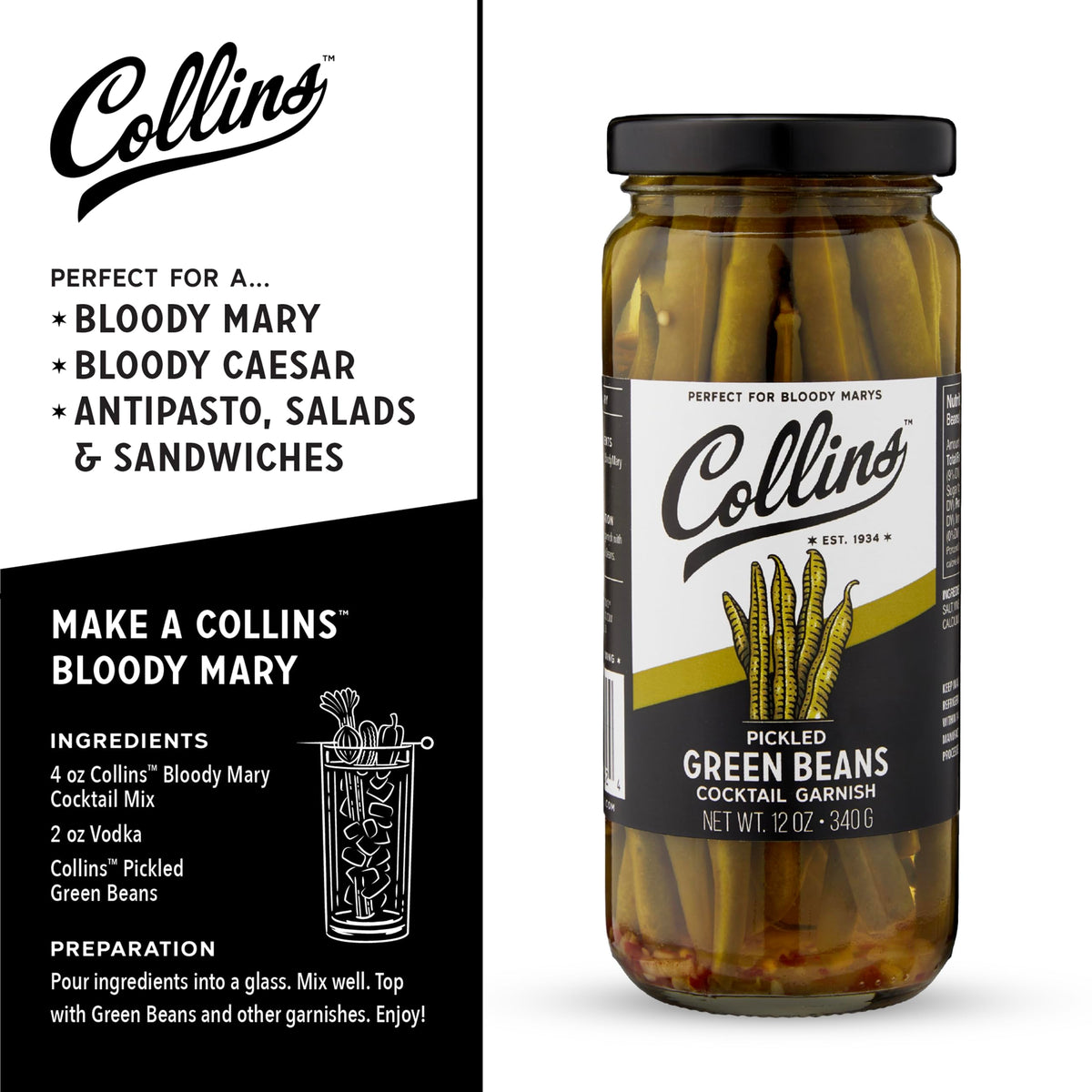 Collins Chicago green beans used as a natural cocktail stirrer