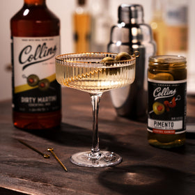 Collins Chicago Dirty Martini Mix label detail highlighting olive brine content