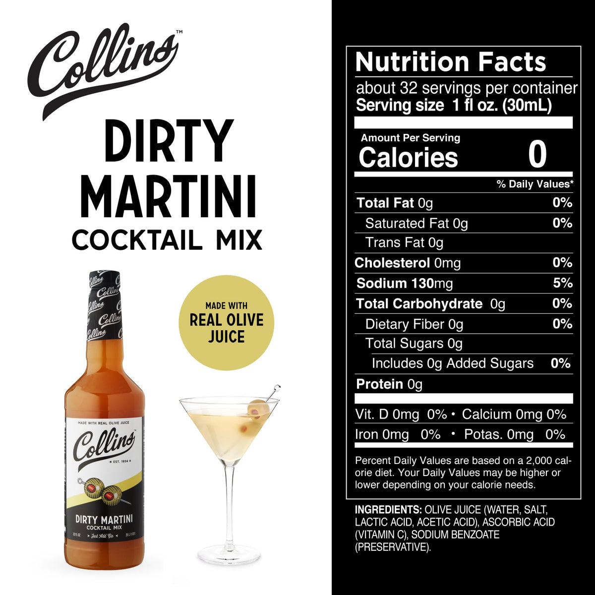Collins Chicago Dirty Martini Mix used with gin or vodka to craft a classic martini