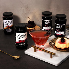 Collins Chicago Old Fashioned garnish adds a refined cherry touch.