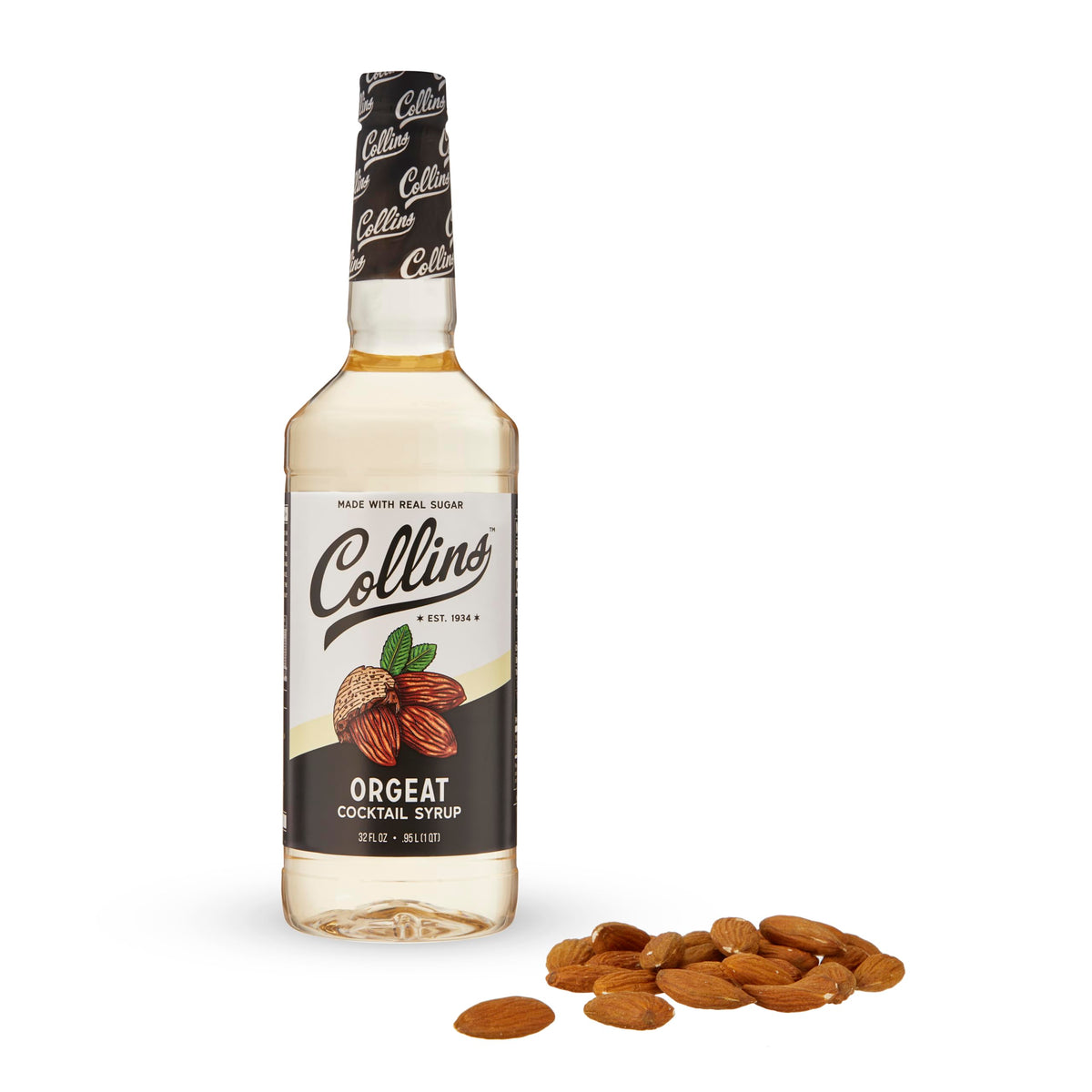 Collins Chicago Orgeat Syrup bottle on a bar shelf, ideal for craft cocktails.