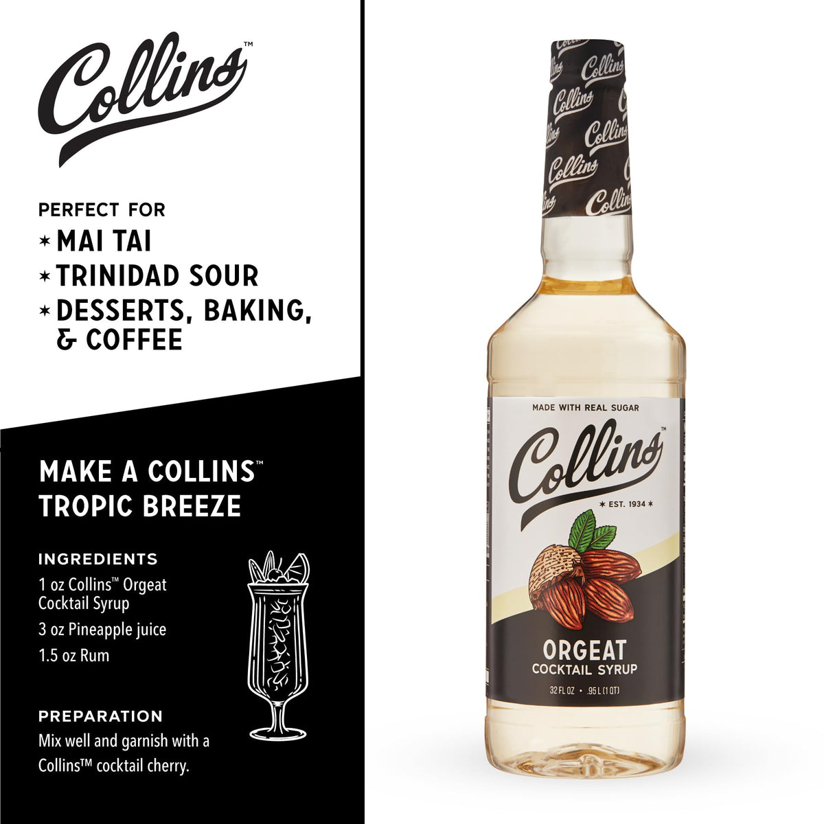 Mai Tai glass with Collins Chicago Orgeat Syrup highlights tropical, nutty sweetness.