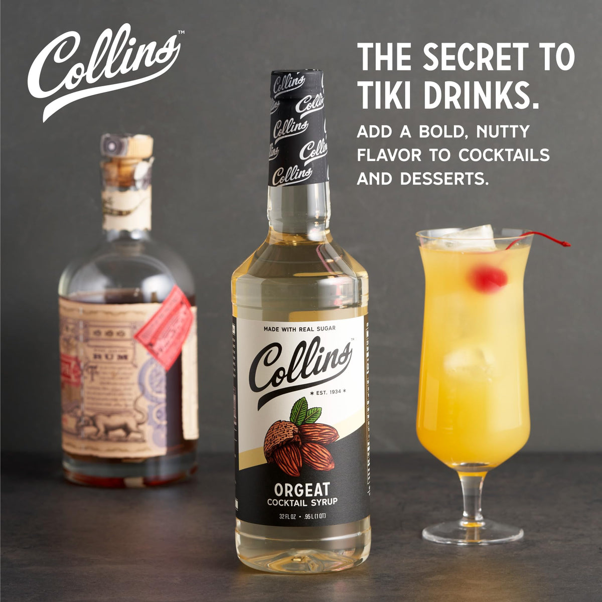 Collins Chicago Orgeat Syrup being poured, adding almond depth to Mai Tai and tiki drinks.